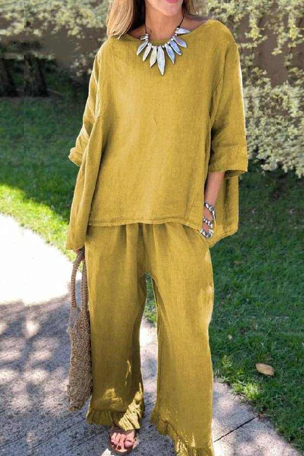 Color Loose Top \u0026 Pants Cotton Linen Two-piece Set
