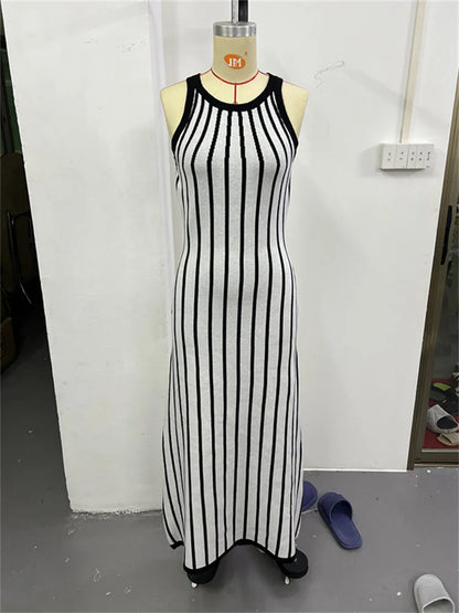 Zebra Printed Knit Long Dress ’s Sleeveless Contrast High Waist Autumn Party Dress Knitwear Clothes