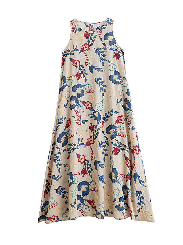Loose Sleeveless Printed Round-neck Maxi Dresses