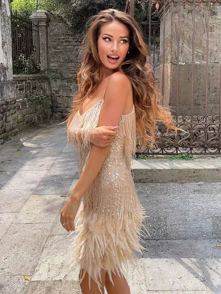 Tassel Sequins Dress Feather Spaghetti Straps Mini Dresses Summer Party Club Evening Dresses Vestidos