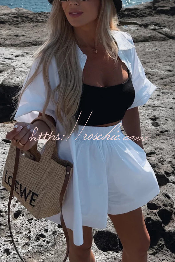 Summer Loose Short-sleeved Shirt and Elastic High Waist Shorts Set
