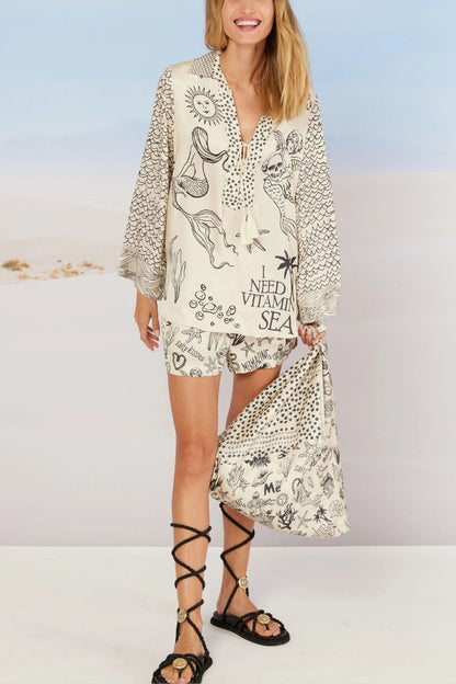 Live by Water Satin Unique Print Tassle Shirt and Elastic Waist Shorts Set