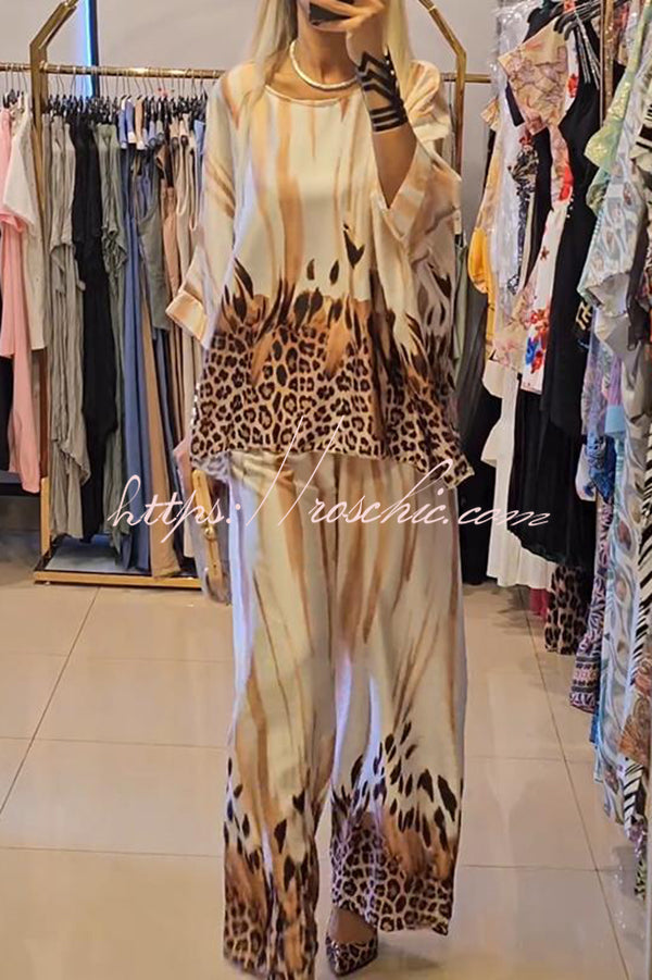 Unique Fashionable Printed Crew Neck Loose Top and Elastic Waist Pants Set