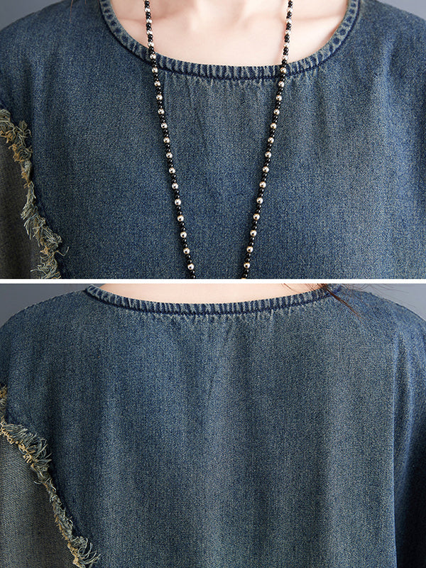Original Loose Denim Contrast Color Round-neck Long Sleeves Midi Dress