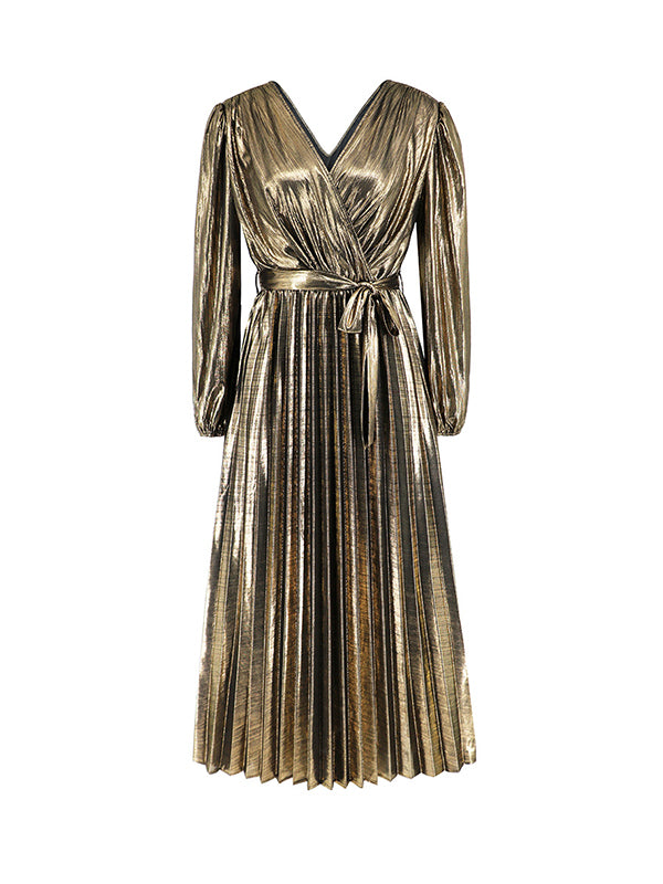 High Waisted Long Sleeves Bronzing Elasticity Pleated Color Tied Waist Deep V-neck Maxi Dresses