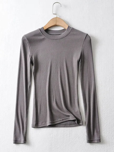 Clothing Cotton Kintted Tops Slim Elastic O-neck Full-sleeve T-shirt