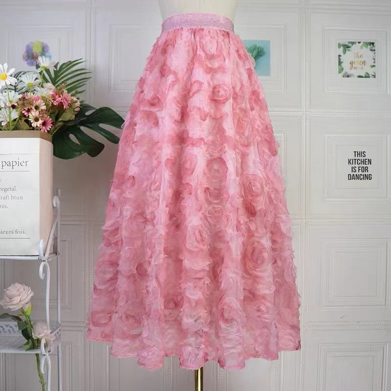 Sakura Gradient Pink Embroidered Elastic Waist Tulle Maxi Skirt