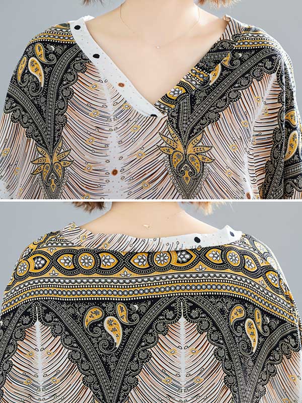 Printed V-neck Batwing Sleeve Maxi Dress