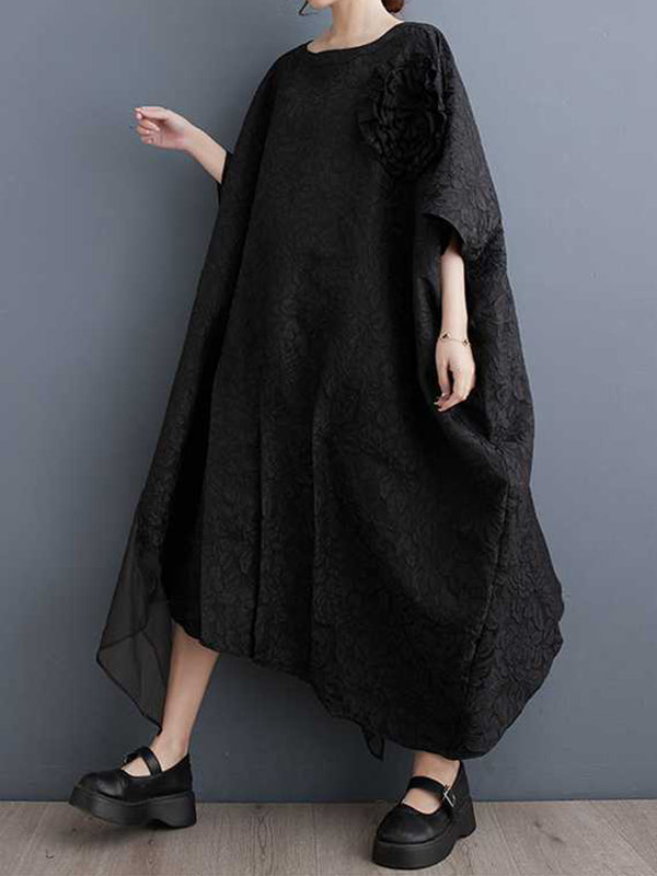Batwing Sleeves Loose Asymmetric Flower Shape Gauze Jacquard Pleated Color Split-joint Round-neck Midi Dresses