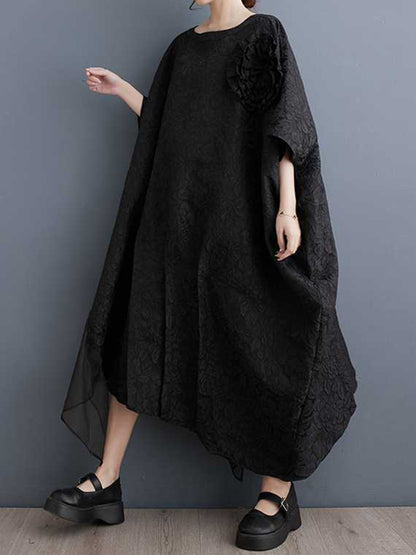 Batwing Sleeves Loose Asymmetric Flower Shape Gauze Jacquard Pleated Color Split-joint Round-neck Midi Dresses