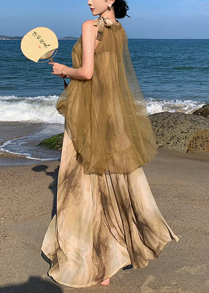 Holiday Style Tie Dyed Mesh Patchwork Fake Two Chiffon Long Dresses Tt1029