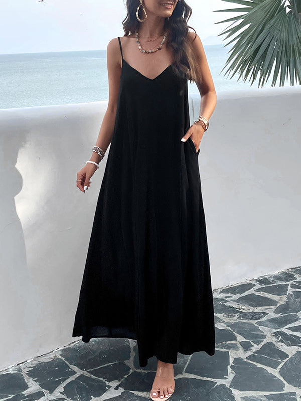 Loose Sleeveless Pleated Color Split-joint Spaghetti-neck Maxi Dresses