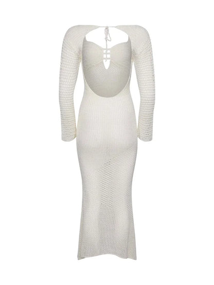 Hollow Out Knit See-through Maxi Dress Female Patchwork Backless Lace-up Slim Beach Holiday Knitwear Dress