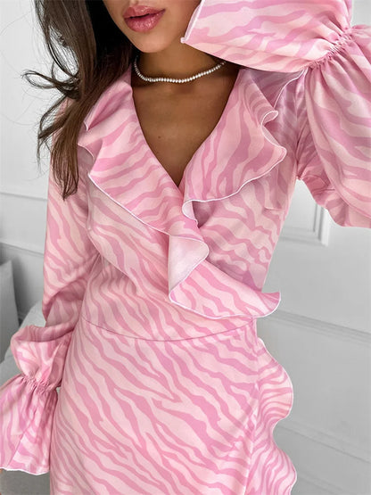 Pink Printed Ruffled Long Dress ’s Lace-up Long Sleeve Contrast Patchwork Party Dress Female Bandage Dress