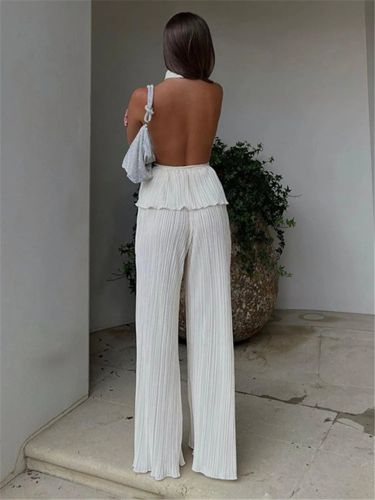 Loose Halter Two Piece Sets Suit Summer High Waist Pants Set Ruched Travel Holiday Outfits