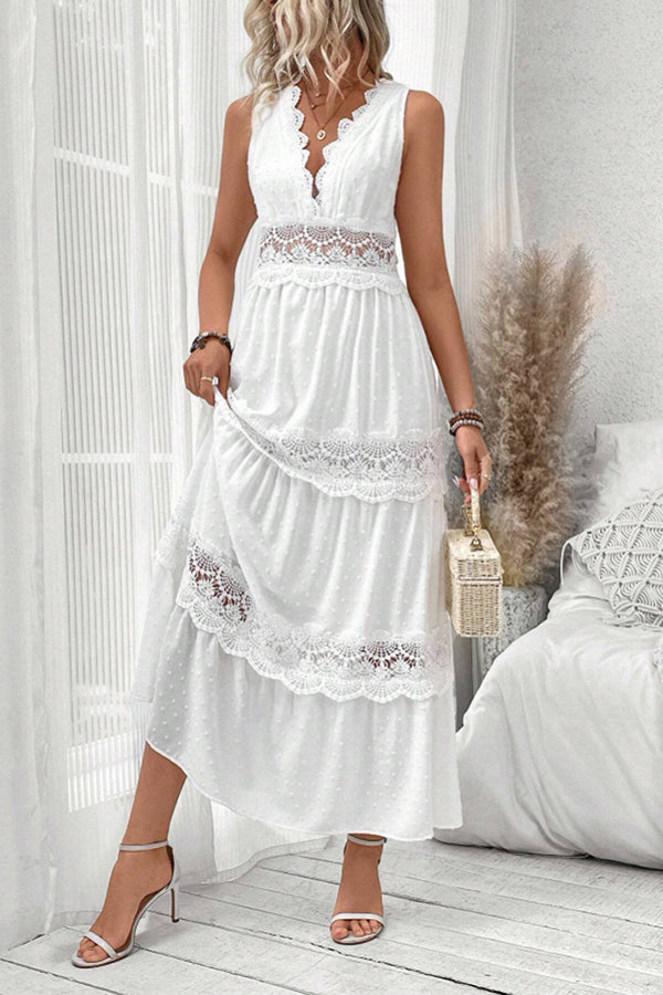 Color Hollow Lace Splicing V-neck Sleeveless Maxi Dress