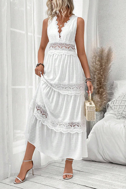 Color Hollow Lace Splicing V-neck Sleeveless Maxi Dress