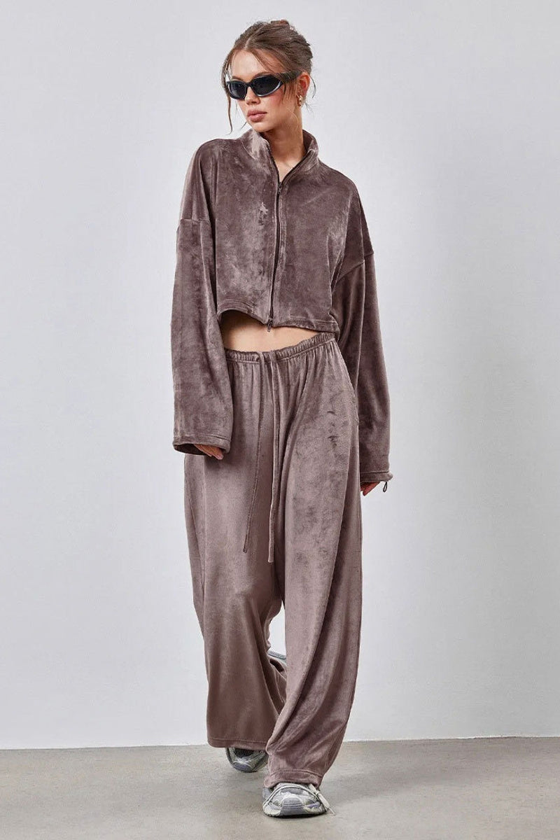 Drawstring Crop Top and Wide Leg Pants Two Piece Set
