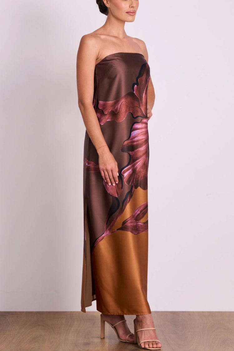 Drawing Inspiration Satin Print Off Shoulder A-line Slit Maxi Dress