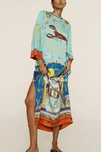 Satin Unique Print Long-sleeve Tie-waist Slit Maxi Dress