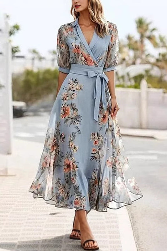 Print V-neck Short-sleeved Bow Waist Midi Dress