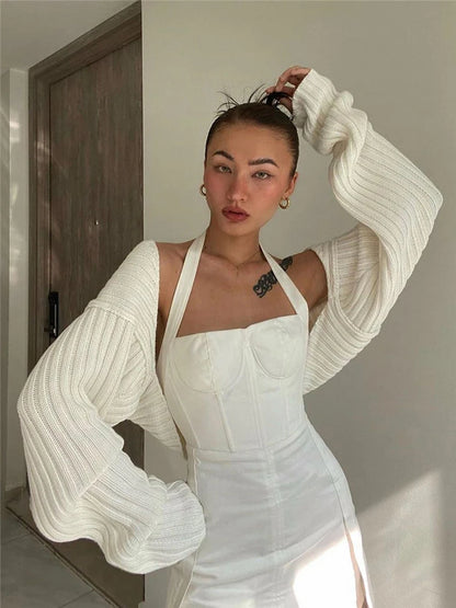 White Sweater Shrugs Cropped Top Full Lantern Sleeve Knitwear Pullover Summer High Street Outwear Spring