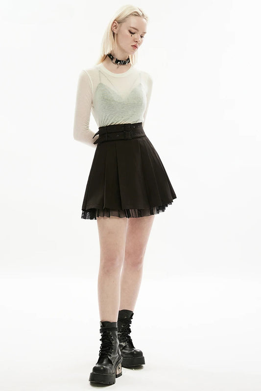 Dark Daily Elastic Waist Pleated Gauze Style Personality With Detachable Waistband Skirt