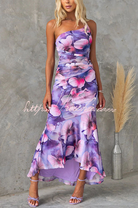 Deja Mesh Overlay Print One Shoulder Ruched Stretch Maxi Dress