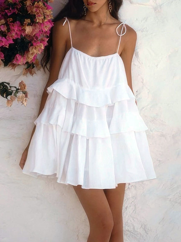 High Waisted Loose Backless Layered Pleated Color Tied Spaghetti-neck Mini Dresses