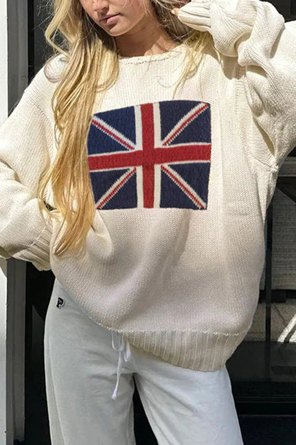 Flag Pattern Knitted Crewneck Long Sleeve Sweater
