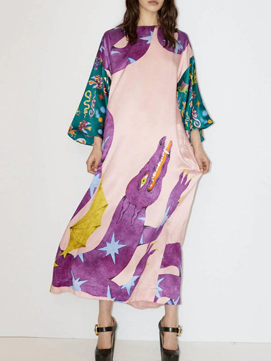 A-line Long Sleeves Printed Split-side Round-neck Maxi Dresses