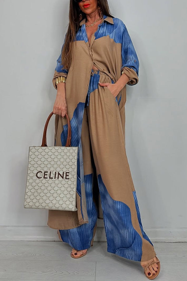 Unique Printed Loose Long Shirt and Elastic Waist Pocket Wide Leg Pants Set
