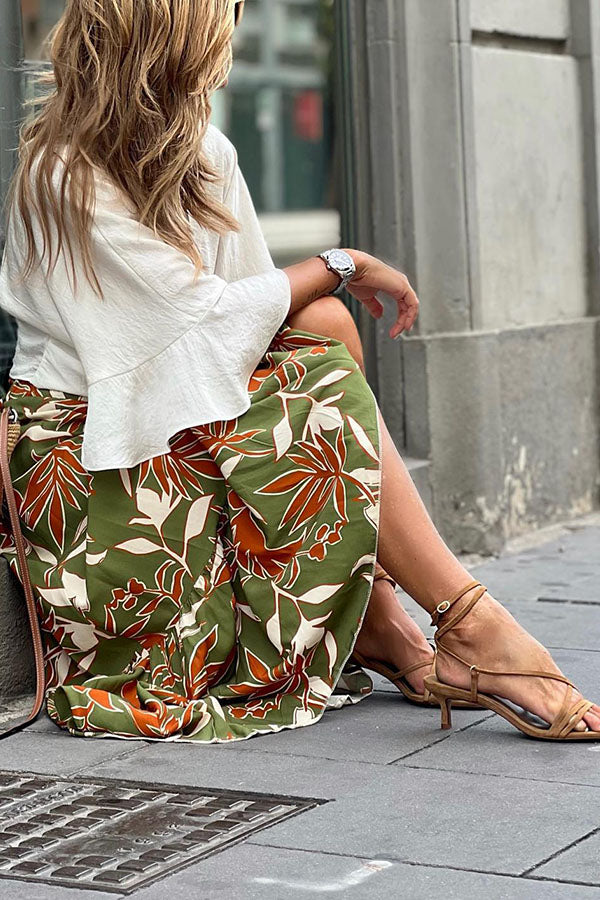 Flower and Leaf Pattern Retro Ah Pleated Skirt