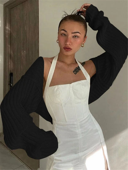 White Sweater Shrugs Cropped Top Full Lantern Sleeve Knitwear Pullover Summer High Street Outwear Spring