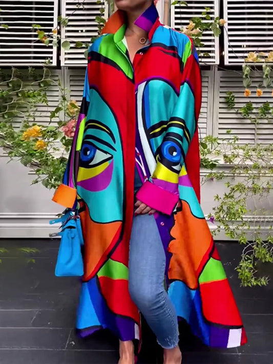 Irregular Clipping Loose Abstract Printed Multi-colored Lapel Maxi Dresses Shirt Dress