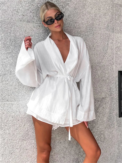 White Lace-up 2 Piece-set Shorts for Loose Bandage Cardigan Coat and High Waist Shorts Sets Female Outfits