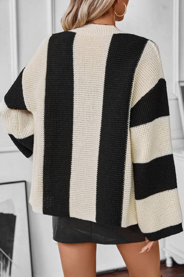 Contrast Striped Sweater Cardigan Autumn and Winter Loose Knitting Shirt