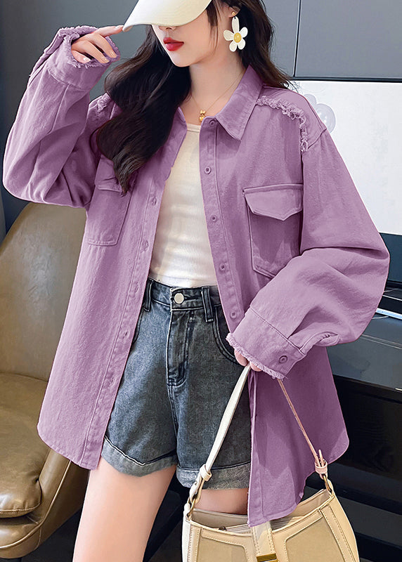 Pink Peter Pan Collar Pockets Denim Shirts Coat Fall Qc001