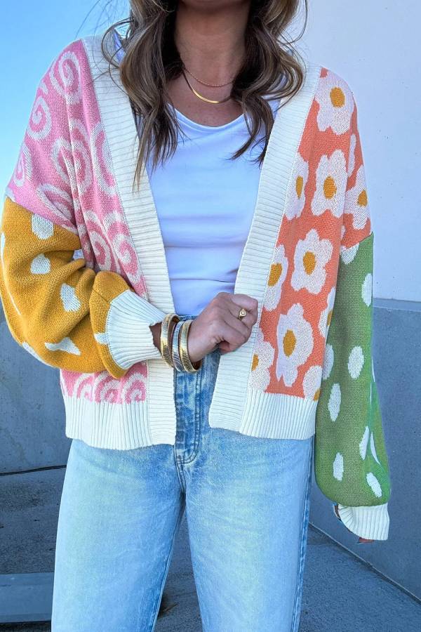 Orange Flower \u0026 Dotted Print Colorblock Open Front Cardigan