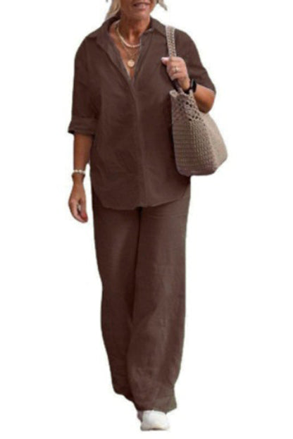 Color Long-sleeved Shirt and Elastic Waisted Loose Wide-leg Pants Set