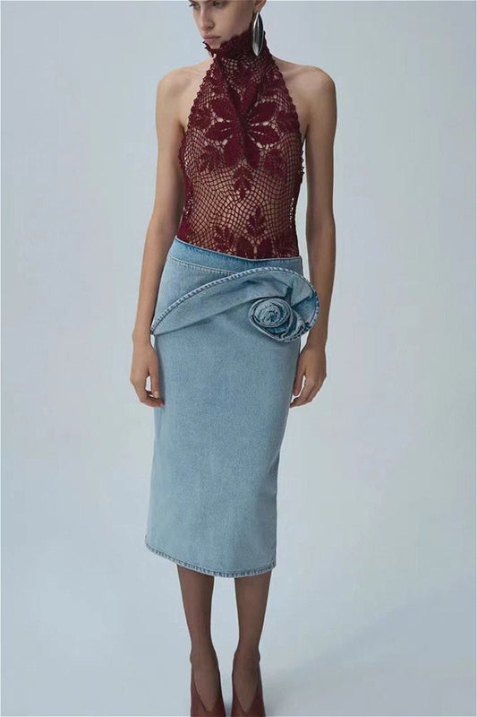 Ruched Rose Denim Skirt
