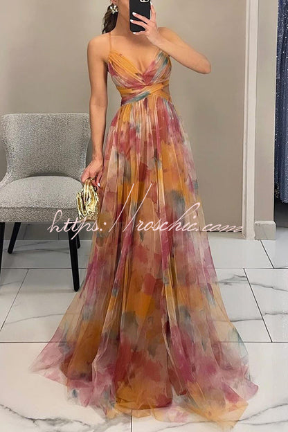 Giselle Tulle Render Print Cutout Waist Back Lace-up Maxi Dress