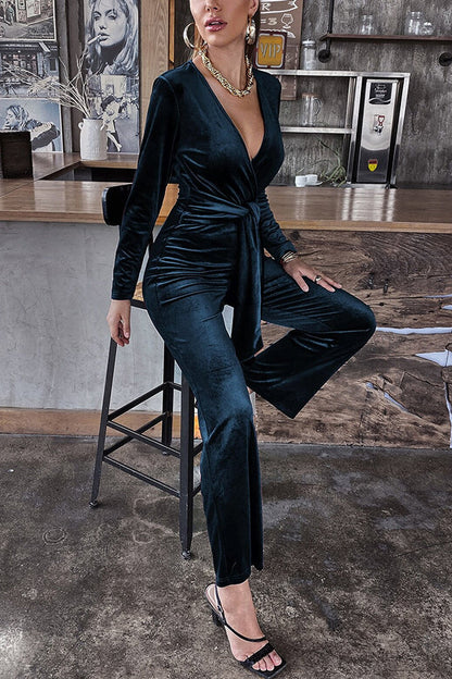 Color Velvet Deep V Belt Slim Jumpsuit