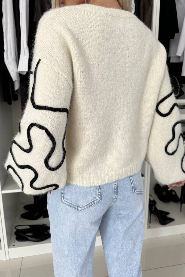 Mood Knit Contrast Color Sewing Line Pattern Loose Sweater