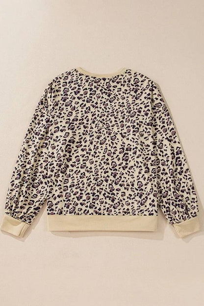 Leopard Print Crew Neck Patchwork Long Sleeve Loose Sweatshirt