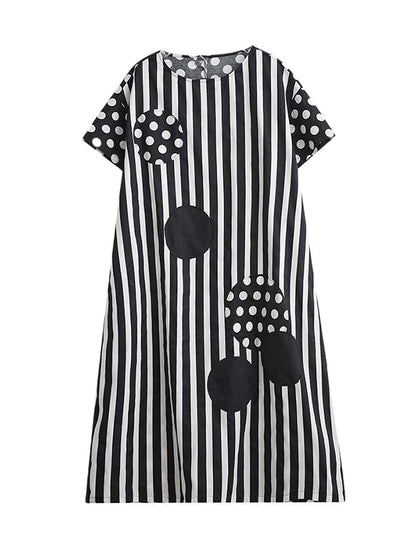 Loose Short Sleeves Polka-dot Striped Round-neck Midi Dresses