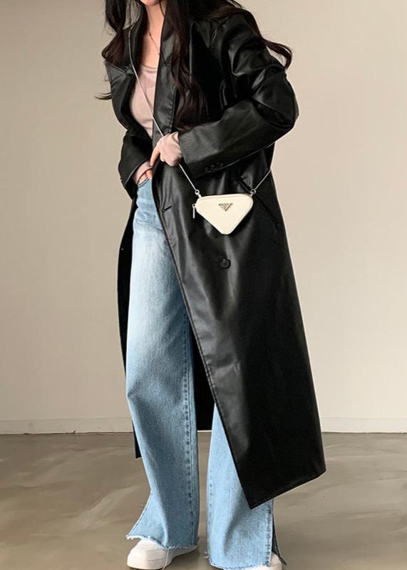 Retro Black Pu Leather Trench Coat - Double-breasted
