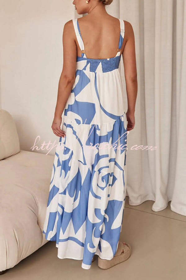 Style Geometric Print Back Smocked Loose Maxi Dress