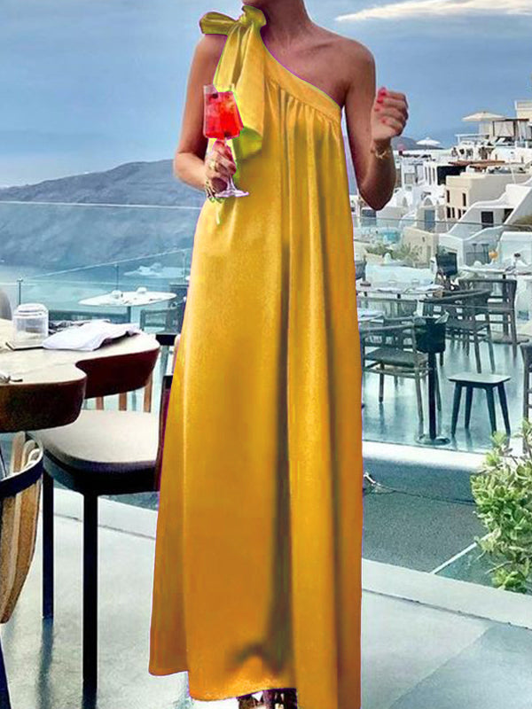 A-line Loose Asymmetric Pleated Color Tied One-shoulder Maxi Dresses