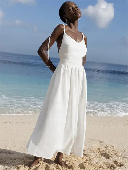 Lace-up Backless Long Dress Female High Waist Halter Dresses Holiday Beach Slim Bandage Maxi Dress